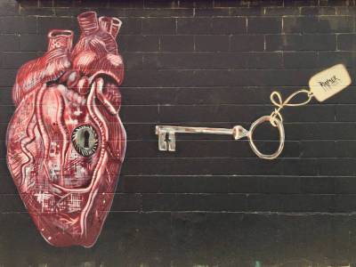 mural by Jeremy Raymer including a heart with keyhole and key