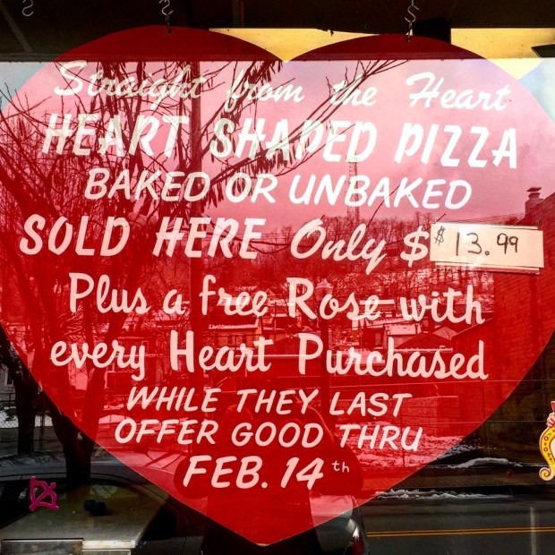 sign for Valentines Day heart-shaped pizza at Amato's Pizza, Etna, PA