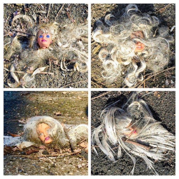 collage of blond Barbie doll heads on pavement