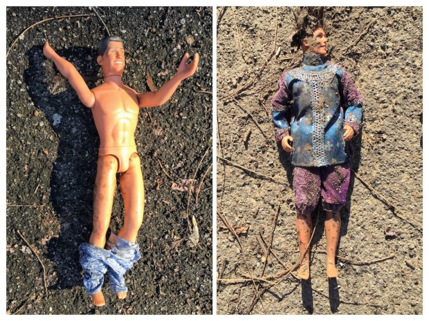 collage of Ken dolls resting on dirt