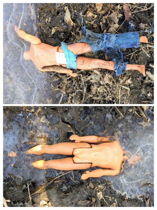 collage of Ken dolls frozen in an icy creek