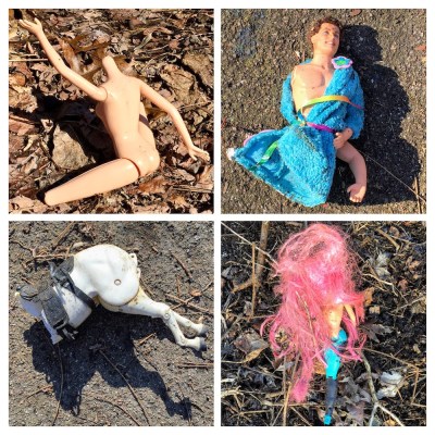 collage of broken dolls found in the woods