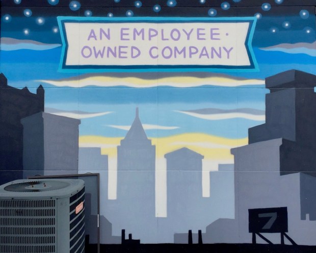 mural on art supply store with the downtown Pittsburgh skyline