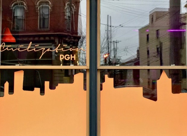 window painting for Civilization PGH including an abstract skyline