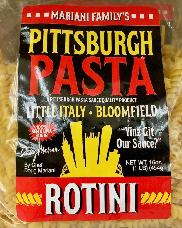 label for bag of Pittsburgh Pasta rotini including a drawing of the downtown Pittsburgh skyline