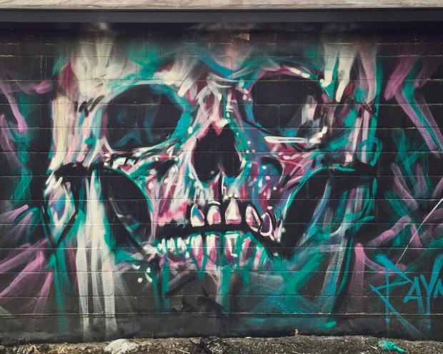 mural of multicolor skull by artist Jeremy Raymer