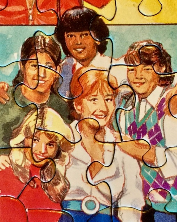detail of "The Eighties" puzzle showing illustration of characters from 80s TV show "The Facts of Life"