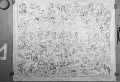 line drawing by artist James Mellett of collage to be used for jigsaw puzzle