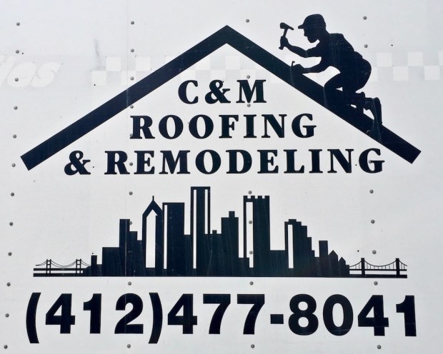 logo for C&M Roofing & Remodeling including image of downtown Pittsburgh skyline