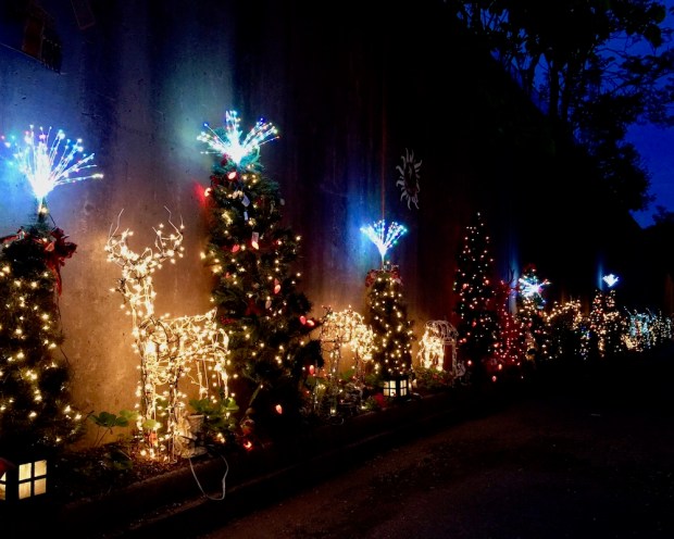 row of Christmas decorations against retaining wall in long alley