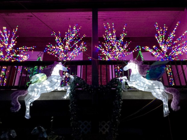 porch lit with elaborate light display