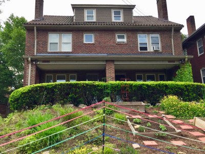 house front garden decorated with colored streamers
