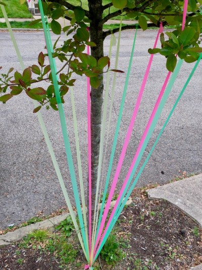tree decorated with colored streamers