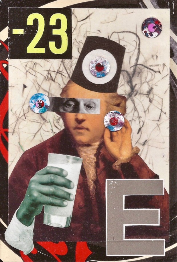 paper collage by artist Mark 347 including colonial-era figure with glass of milk and fez hat