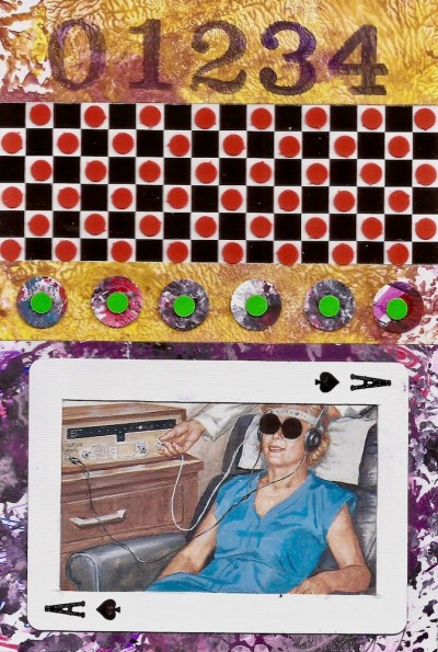 paper collage by artist Mark 347 including checkerboard, Ace playing card, and woman listening through headphones