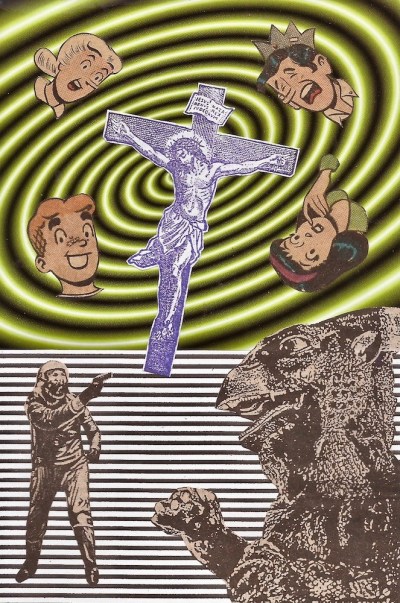 paper collage by artist Mark 347 including faces of Archie comics characters, crucifix, and Godzilla
