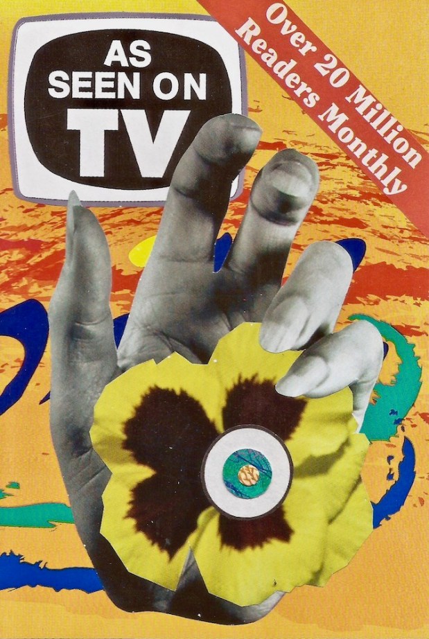 paper collage by artist Mark 347 including woman's hand holding a flower and packaging label reading "As Seen on TV"