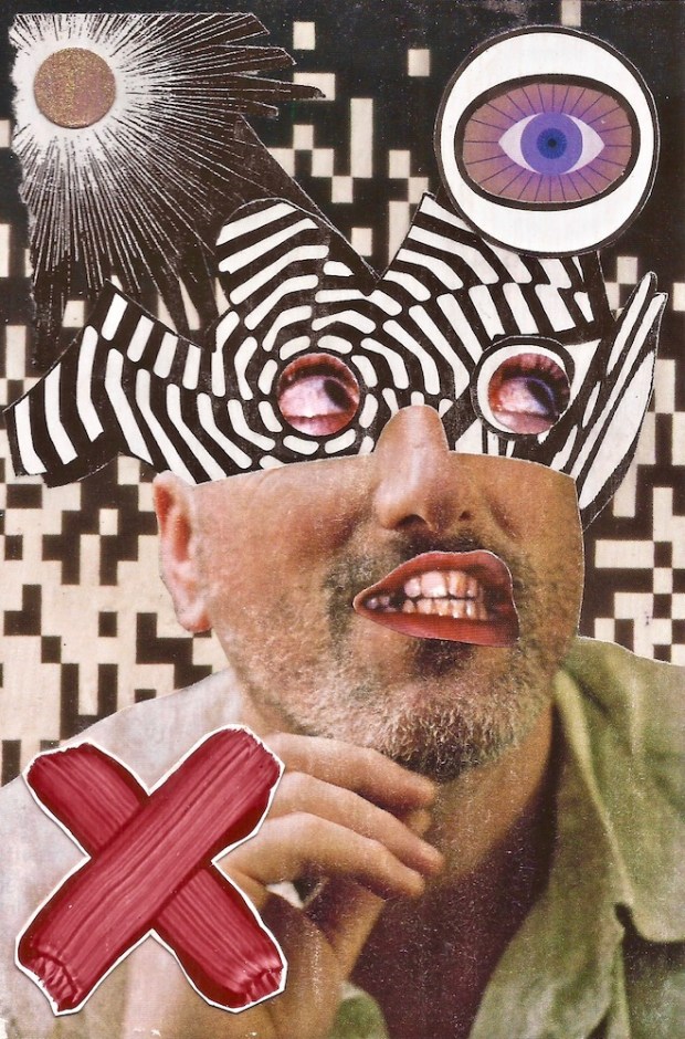 paper collage by artist Mark 347 including man with strange face mask