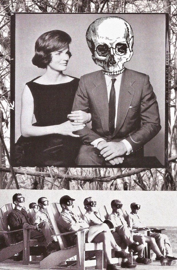 paper collage by artist Mark 347 including photograph of Jackie Kennedy and man with skull head