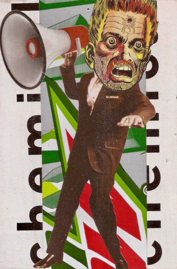 paper collage by artist Mark 347 including man with giant megaphone and crazed cartoon head