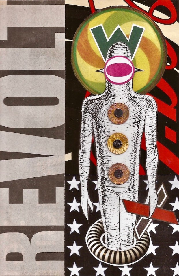 paper collage by artist Mark 347 including alien figure and the word REVOLT