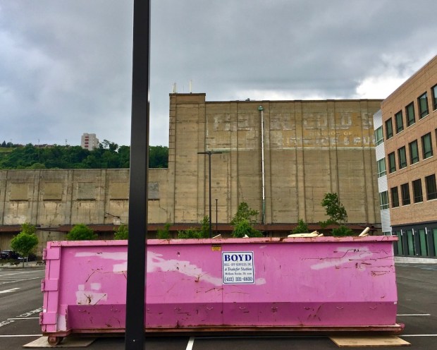 pink breast cancer awareness dumpster in large parking lot