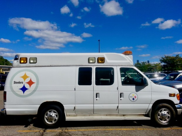 former ambulance decorated with Pittsburgh Steelers team logos