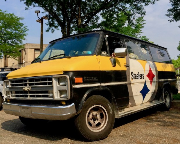 Chevy van decorated in celebration of the Pittsburgh Steelers