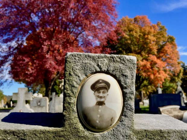 grave marker with ceramic photo inset