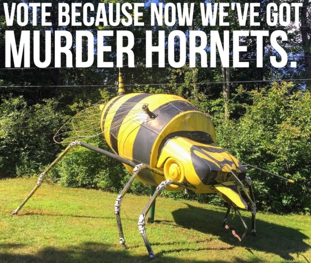 sculpture of giant insect made from automobile and cement mixer at Schaefer's Auto Art, Erie, PA