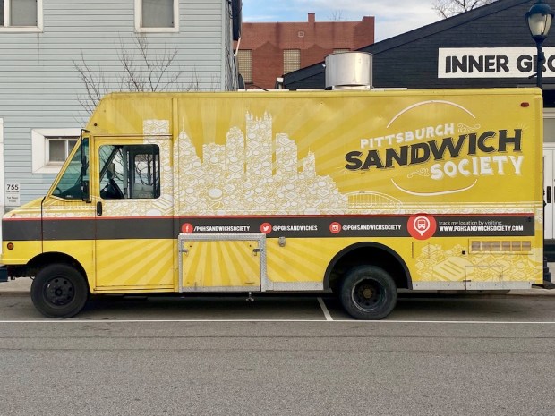 Pittsburgh Sandwich Society food truck with Pittsburgh skyline made from sandwiches
