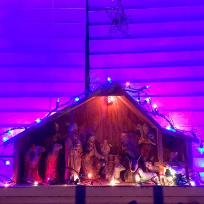 Christmas nativity scene in row house window