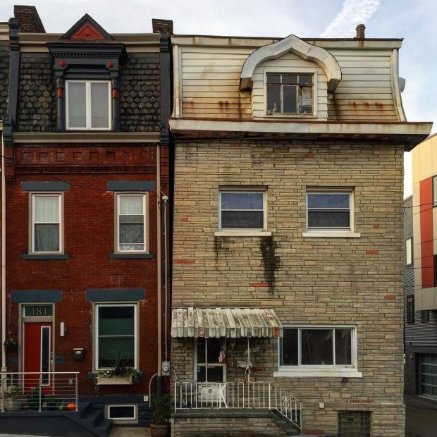 pair of row houses of different architectural styles, Pittsburgh, PA