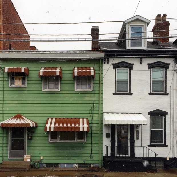 row houses of very different architectural designs, Pittsburgh, PA
