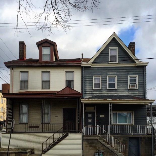 row houses of very different architectural designs, Pittsburgh, PA