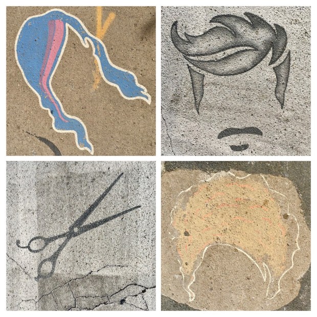 details from different murals painted in crosswalks, all of haircuts or scissors