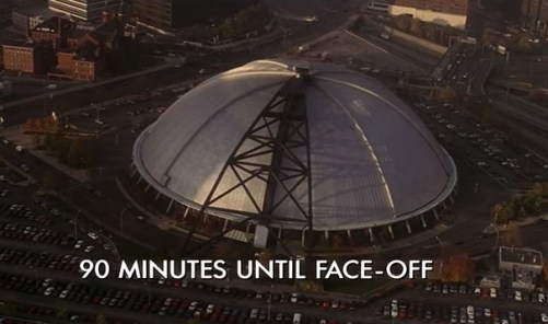 Scene from "Sudden Death" with overhead shot of former Pittsburgh Civic Arena