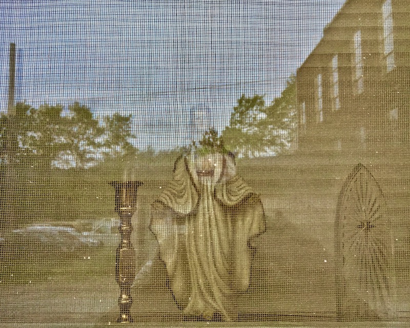 statue of Mary in screen window