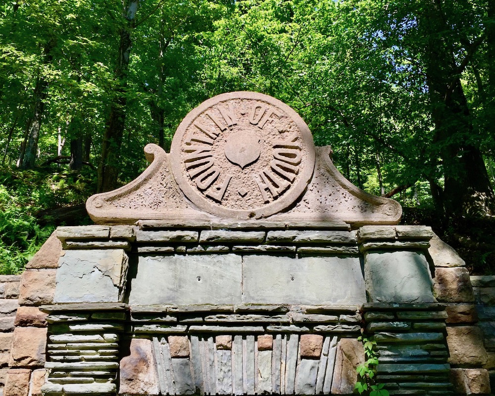 detail of capstone on spring house engraved as "Fountain of Youth"