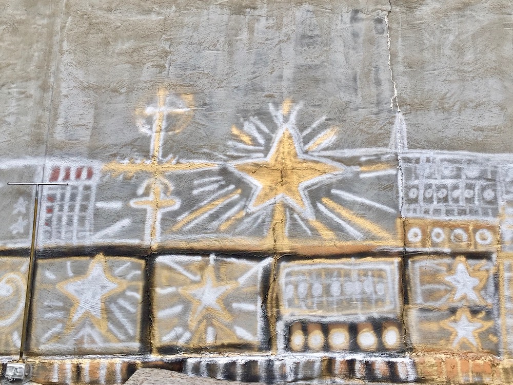 abstract mural painted on masonry wall