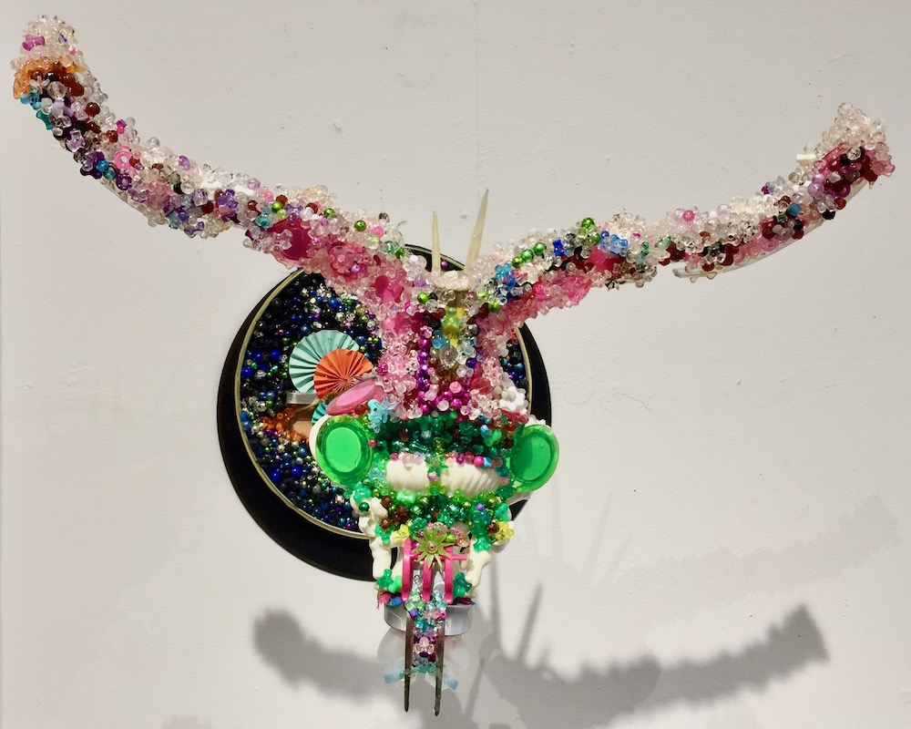 assemblage artwork by Glendon Hyde of horned animal made from plastic beads