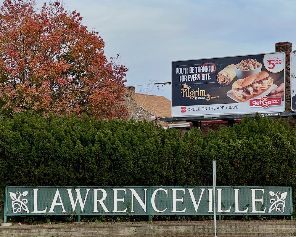 large welcome sign for the Lawrenceville neighborhood of Pittsburgh