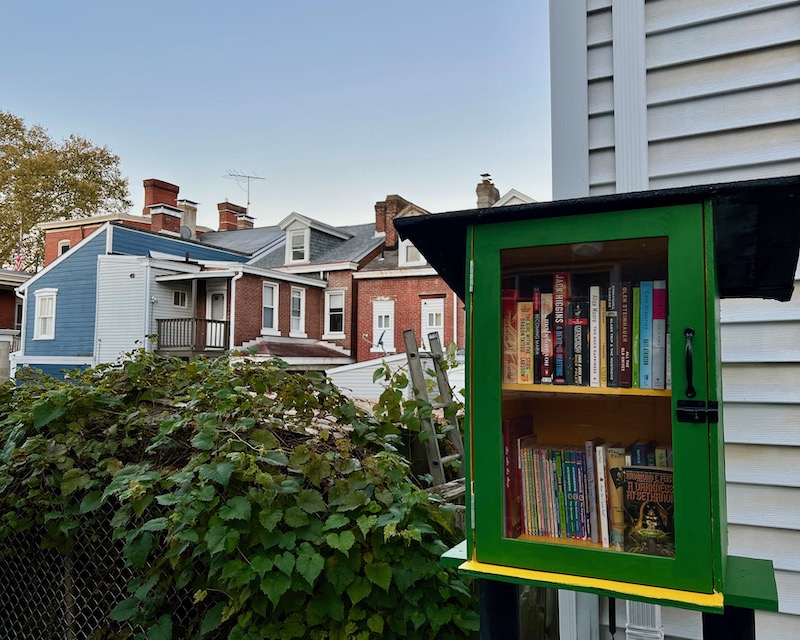 little free library in alley behind row houses