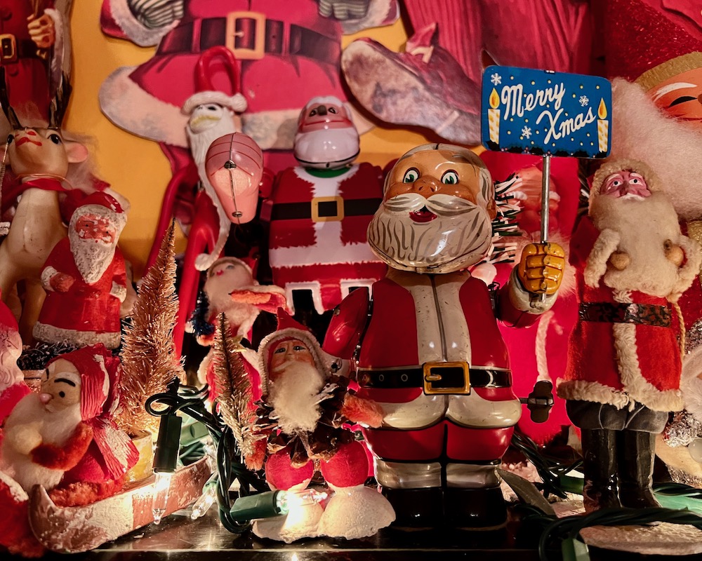 detail from large collection of Santa Claus decorations