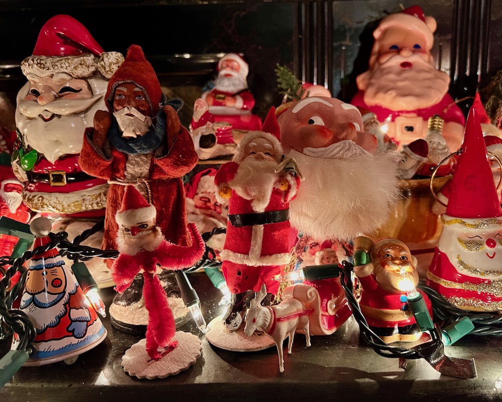detail from large collection of Santa Claus decorations