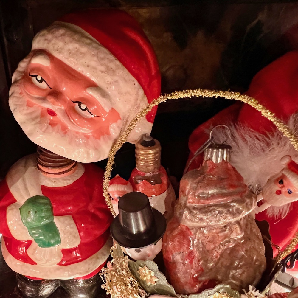 detail from large collection of Santa Claus decorations