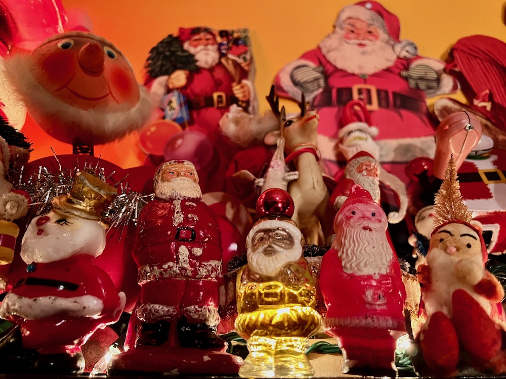 detail from large collection of Santa Claus decorations