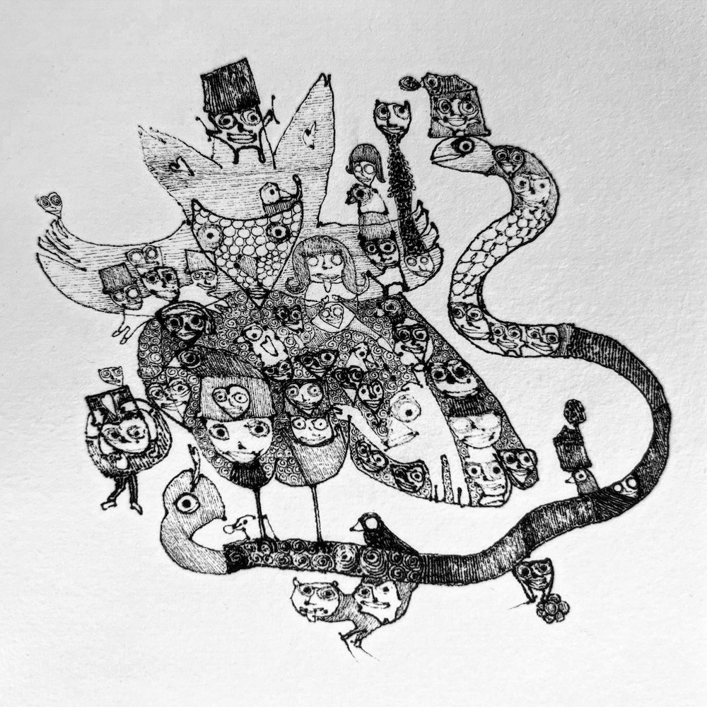 surrealist pen-and-ink drawing including long serpant and many animal figures with human faces