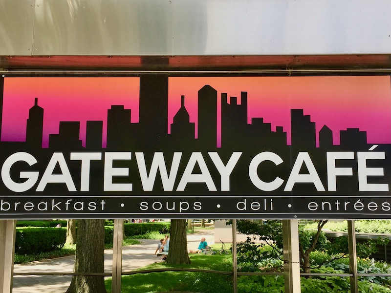 sign for Gateway Cafe including silhouette of downtown Pittsburgh