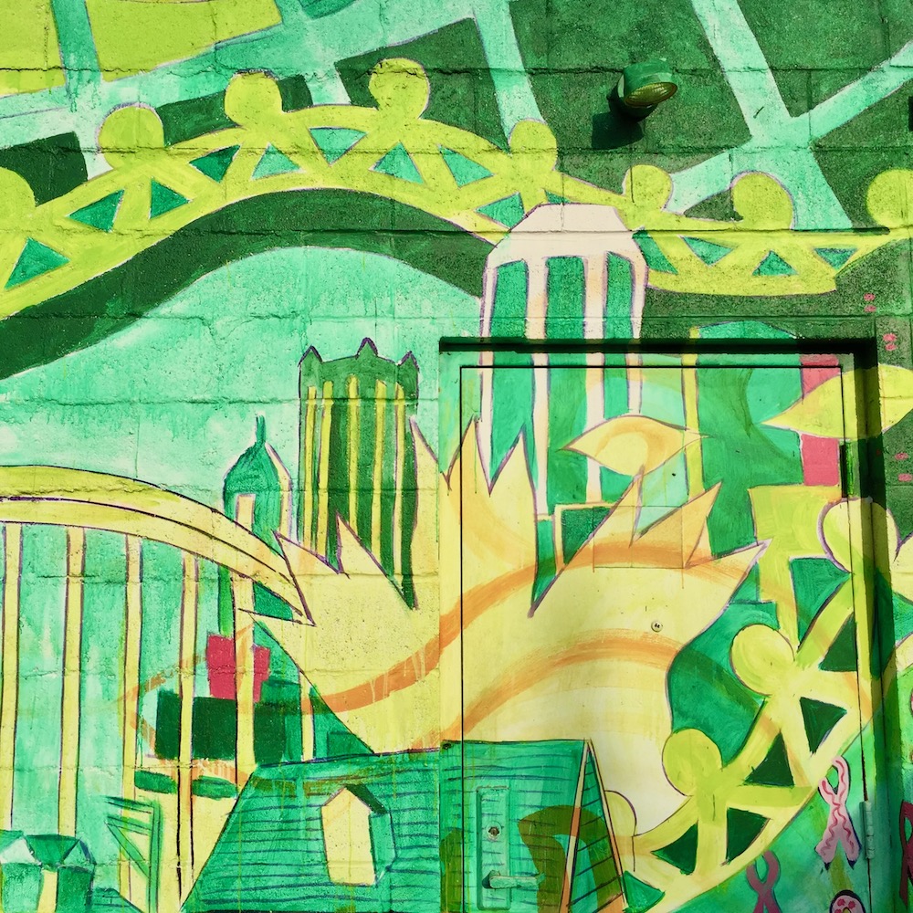 detail of mural including section of downtown Pittsburgh skyline